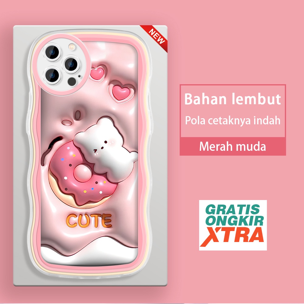 Apple iPhone 15 Plus Mini Pro Max  Casing Ponsel  Pola Kelinci Cinta Donut 3D  warna-warni gelombang