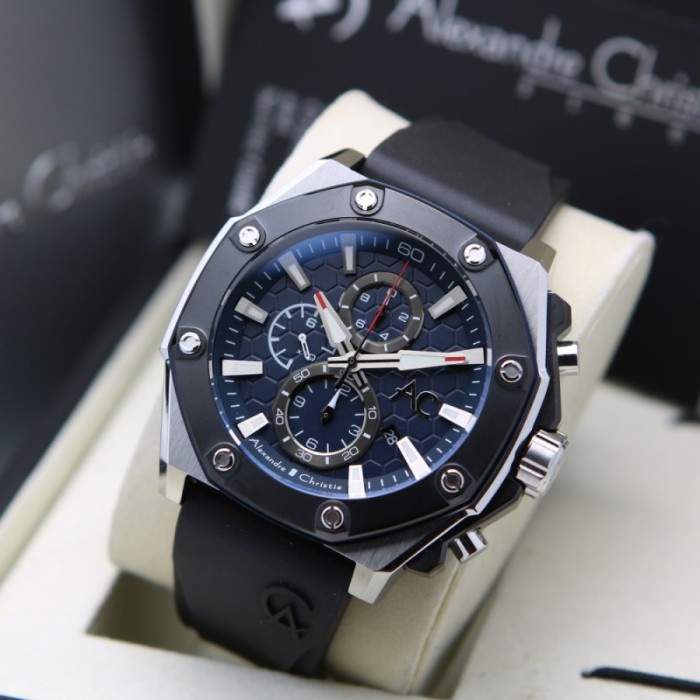 ✨Ready Jam Tangan Pria Alexandre Christie 9601 Ac9601 Silver Black Rubber Ori Limited