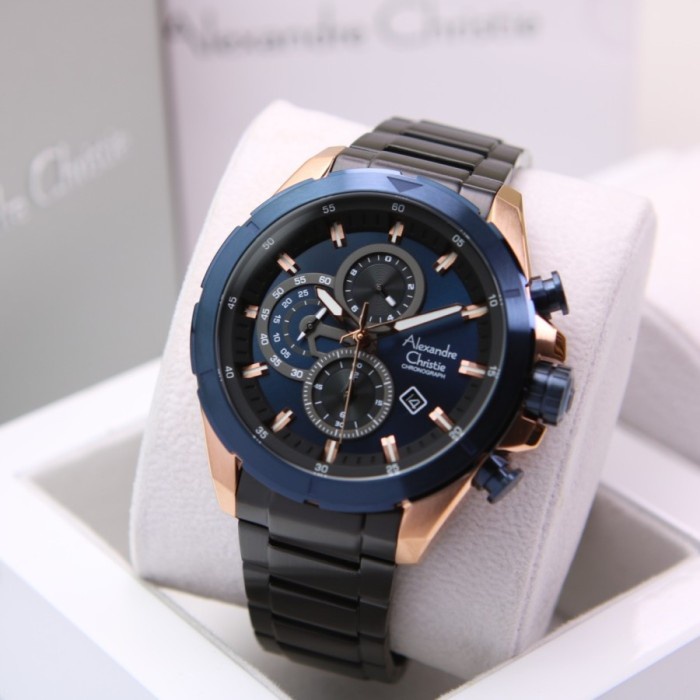 ✨Sale Jam Tangan Pria Alexandre Christie Ac 6508 Black Rosegold Blue Origina Diskon