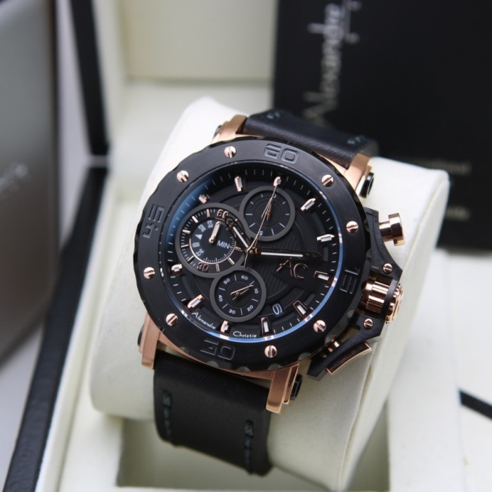 ✨Sale Alexandre Christie Ac 9205 Ac9205 Rosegold Black Leather Original Terbatas