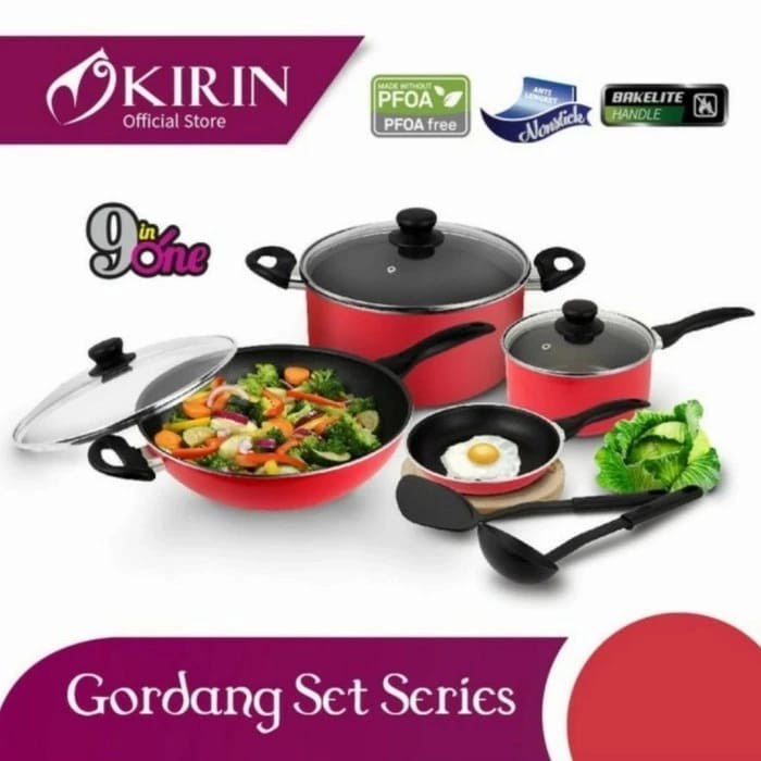 [Baru] Gordang Cookware Set Kirin - Wajan Panci Teflon Kirin 9In1 Terbaru