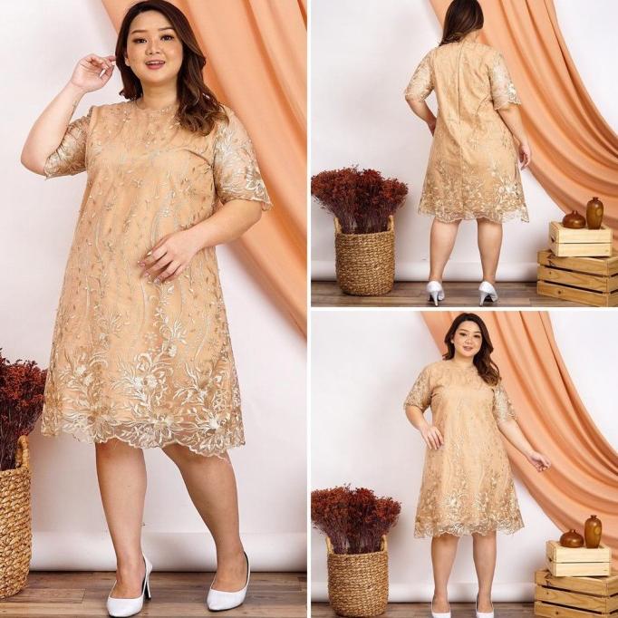 Dress Wanita Jumbo Besar XXL XXXL Brukat Brokat Baju Pesta Big Size