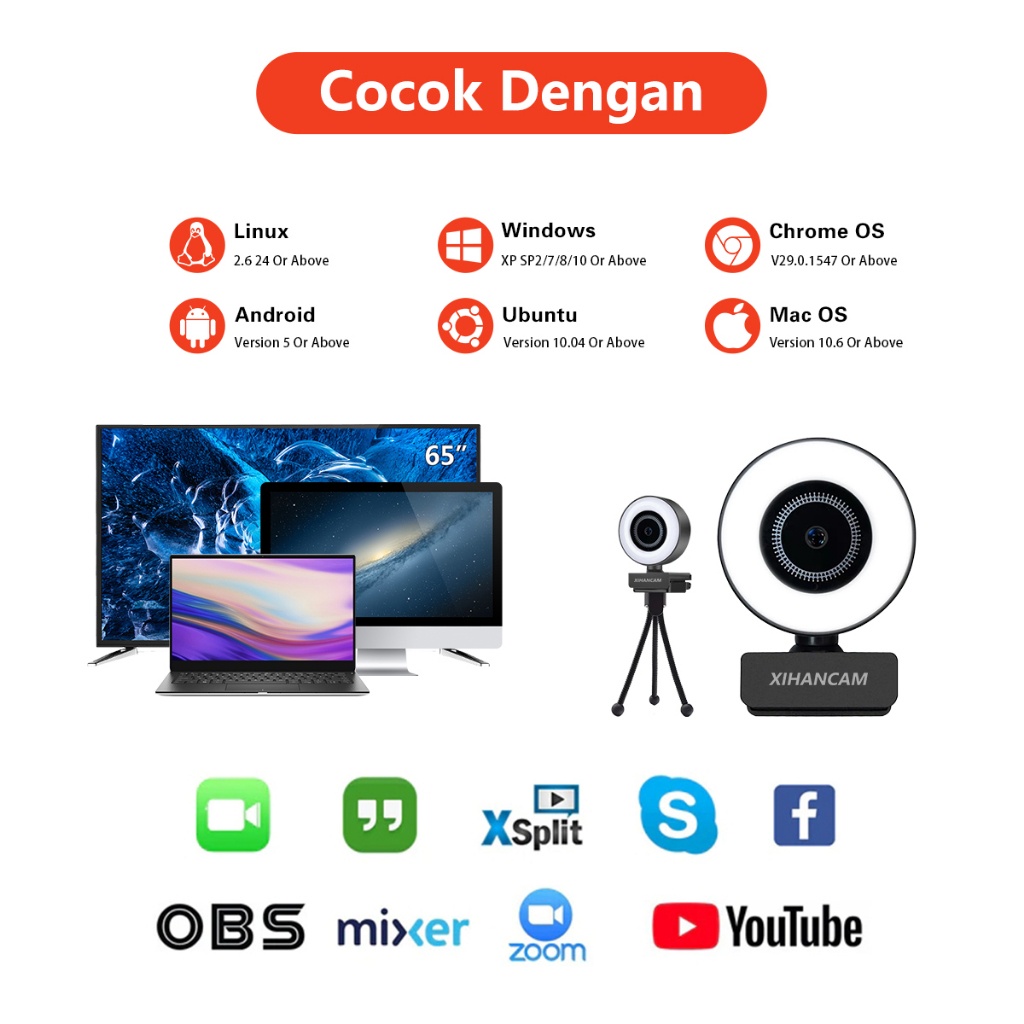 Xihancam Camera Webcam Usb 2K Lampu Ring Light Laptop Pc Aksess Komputer