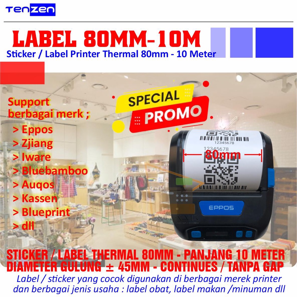 

Murah Sticker Label Thermal 80mm x 45mm 10 meter Continues /Tanpa Gap 5 ROL HWY-334