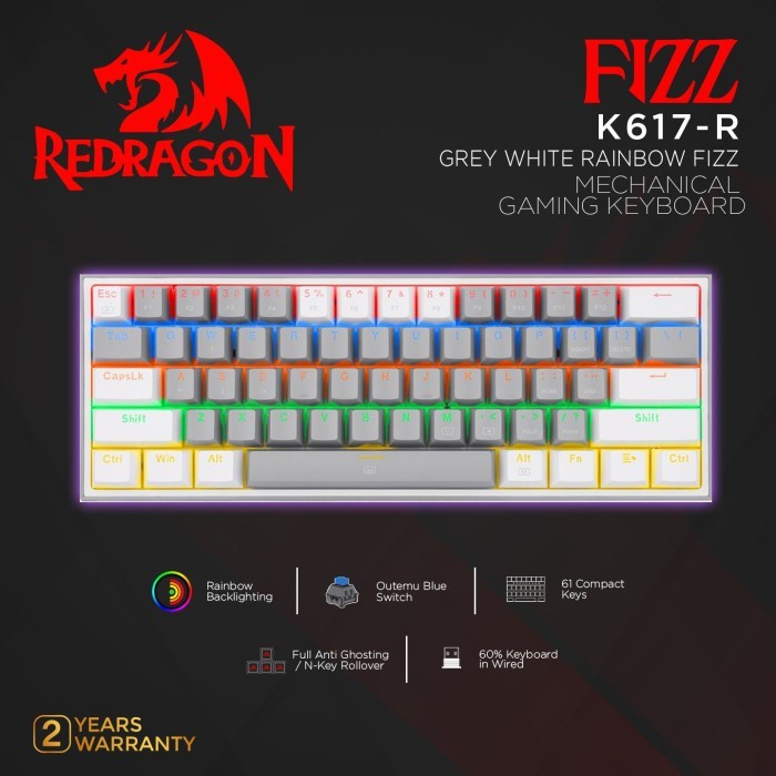 Redragon Mechanical Gaming Keyboard 60% GREY WHITE RAINBOW FIZZ-K617-R