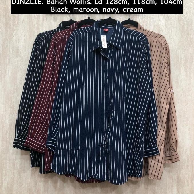 Kemeja Wanita Lengan Panjang Bahan Wolfis Jumbo Bigsize Motif Salur Limited Edition