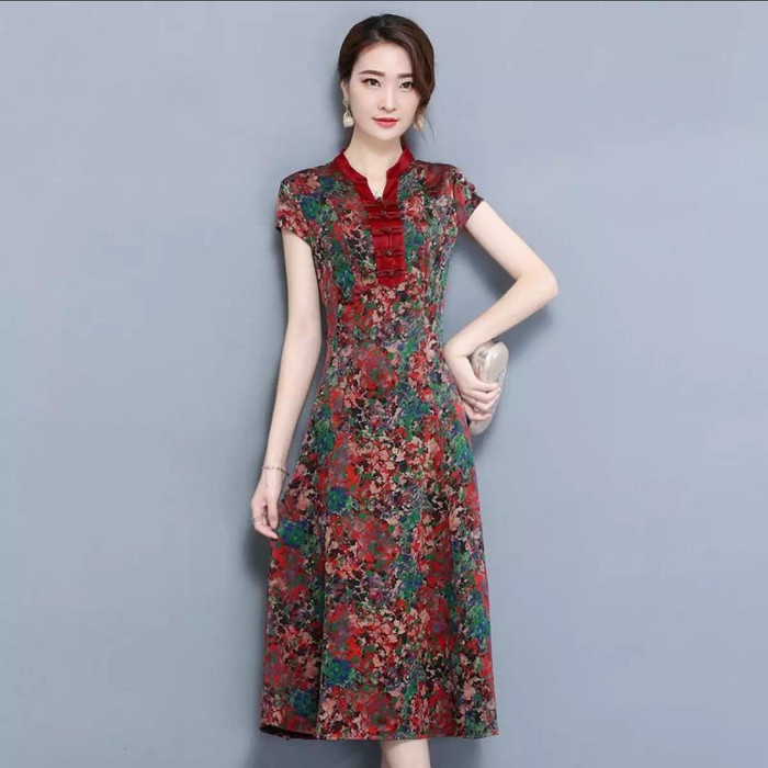 Cheongsam Qipao Dress Imlek Cny Sangjit Bunga Merah