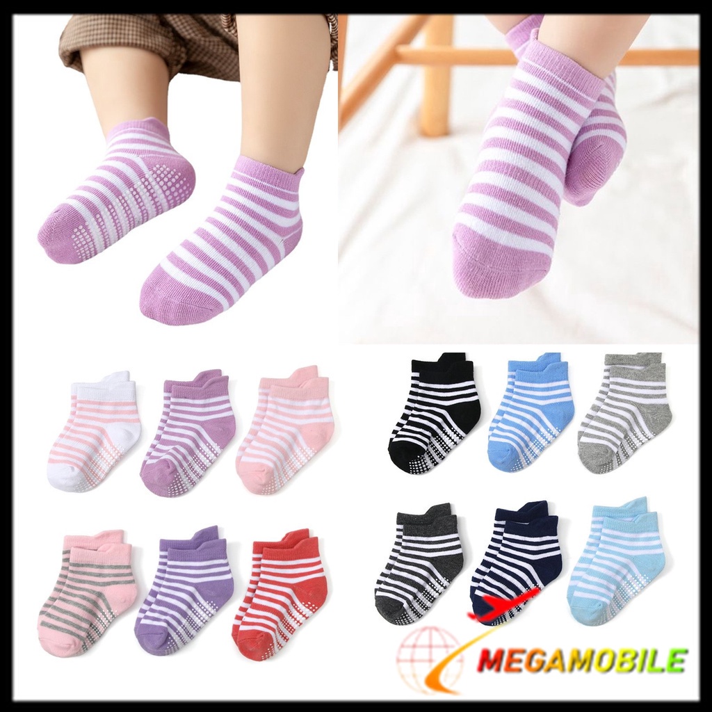 MM - Kaos Kaki Bayi Anti Slip Pendek Motif Garis 6480 Kaos Kaki Anak Perempuan Laki Laki Polos 3D Lu