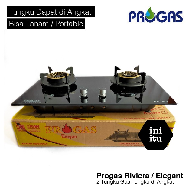[ Progas ] Kompor Tanam Kaca Progas Riviera Elegant 2 Tungku - (Tungku Bisa Diangkat)