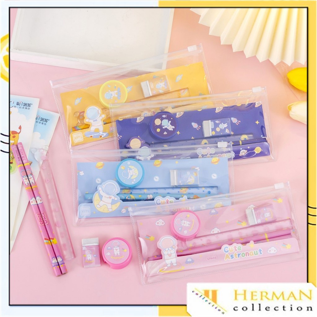 

HC Alat Tulis Set Mini Anak Sekolah Penghapus Penggaris Pensil Serutan Stationary Set Alat Tulis 5 In 1 Karakter Lucu Warna-Warni Astronot Stationary