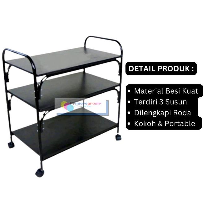 Rak TV Minimalis Modern Hitam / Meja TV Besi 3 Susun Dengan Roda Besar