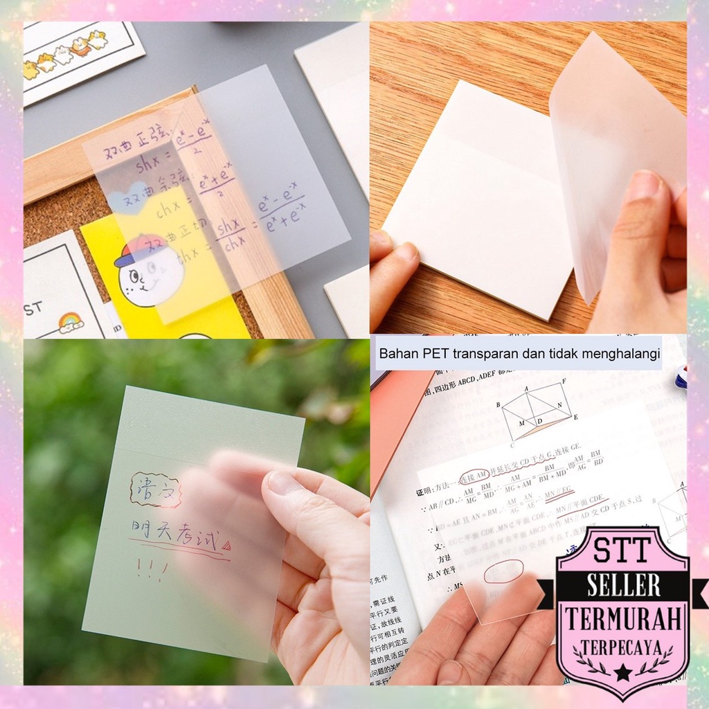 

STT Set Kertas Notes Transparan 50 Lembar Label Stickers PET Tahan air dan halus Kertas Memo Tempel Anti Air Untuk Sekolah