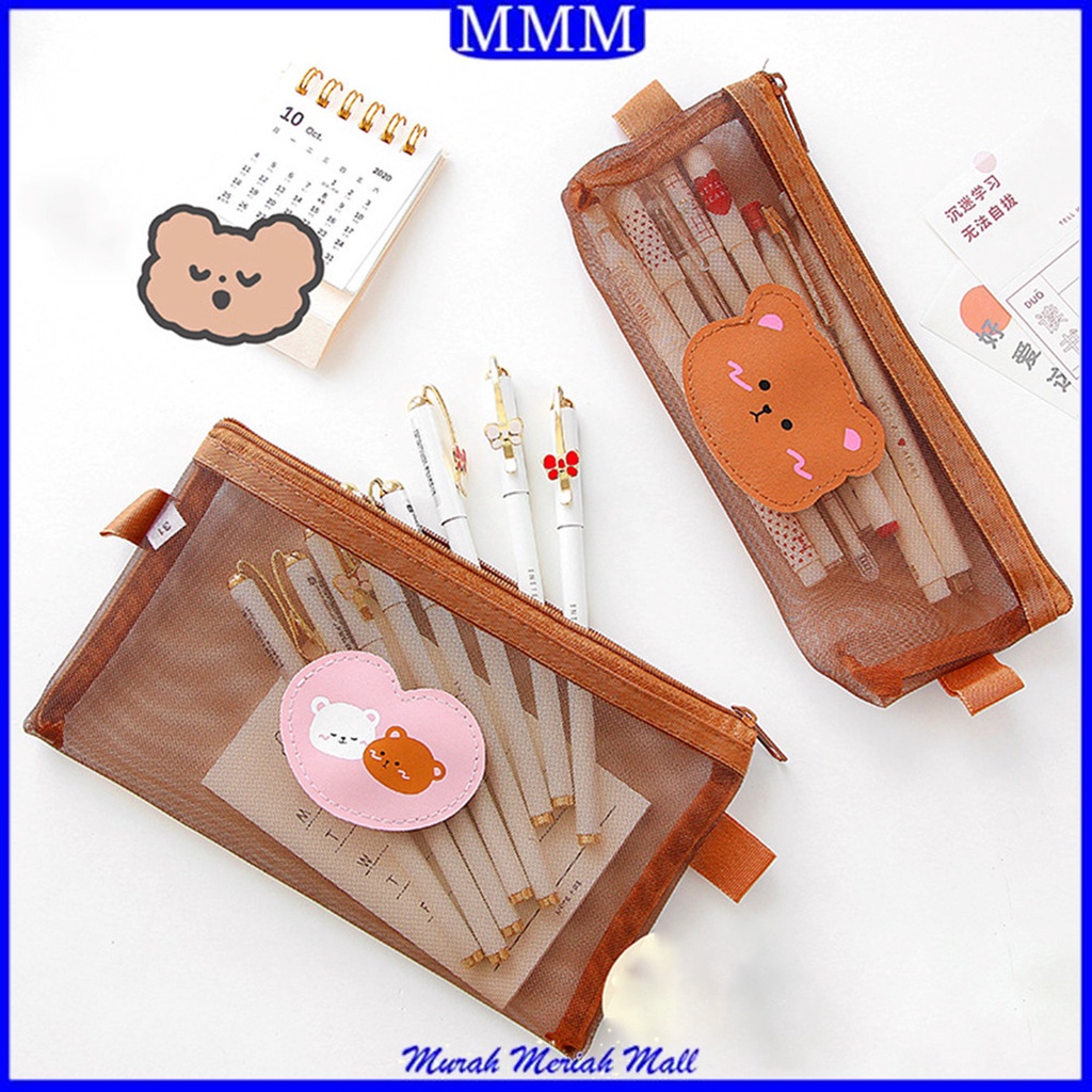 

MMM Tempat Pensil Jaring Zipper Coklat Motif Beruang Dompet Pensil Coklat Lucu Motif Bear Tempat Makeup Teddy Brown Model Jaring Transparan dan Multicolour Cute