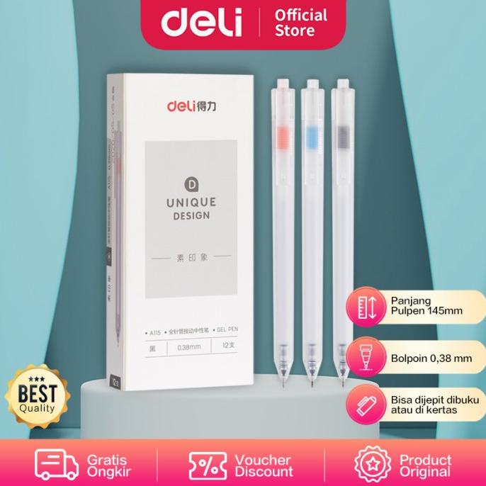 

Deli Gel Pen / Pulpen Gel 0.38mm Tinta Hitam Isi 12pcs Retracable A115