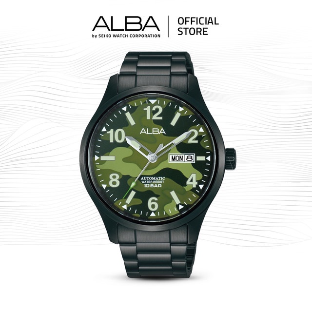 Alba Mechanical Jam Tangan Pria AL4313 / AL4313X1 Automatic Green Army Camouflage Dial Black Stainle