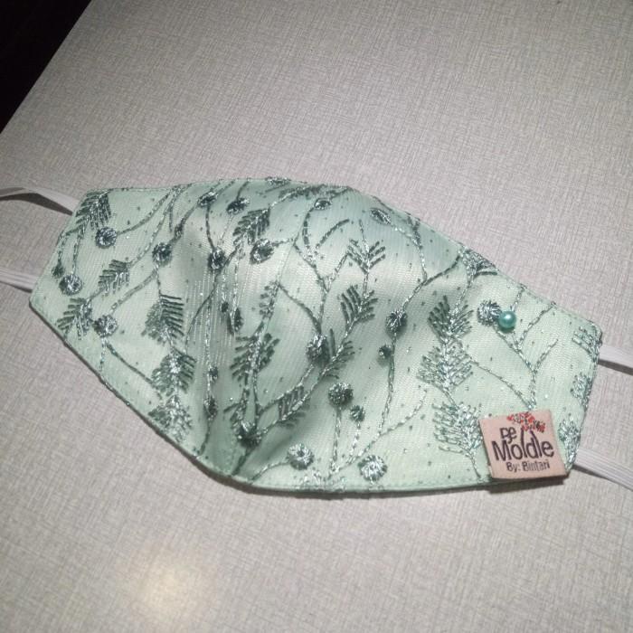 BISA COD - MASKER PENGANTIN COUPLE BAHAN BRIDAL KOMBINASI BRUKAT HIJAU MINT