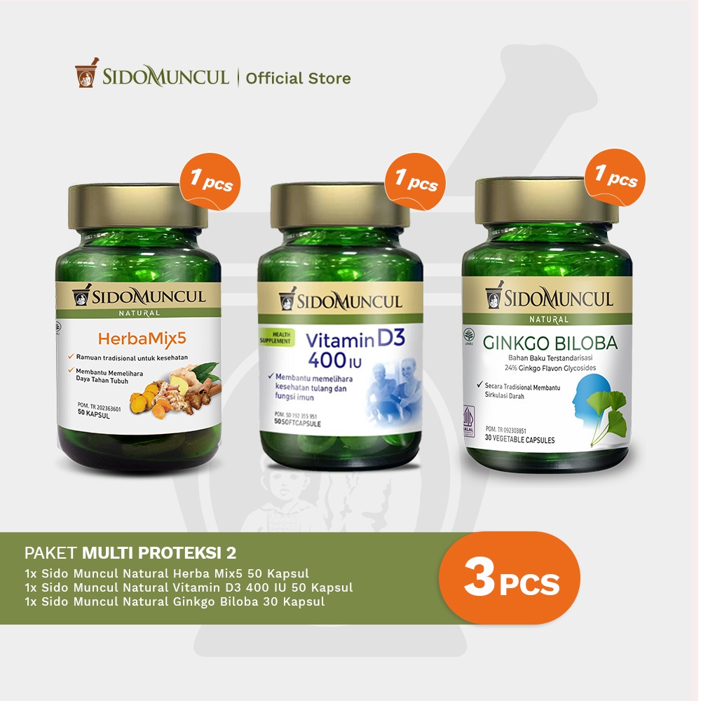 Paket Multi Proteksi 2 - HerbaMix5 + D3 400 + Ginkgo Biloba