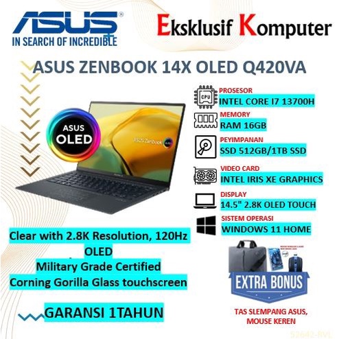 Laptop Kerja Bisnis Asus Zenbook 14X OLED Q420VA i7 13700H Touch 2.8K