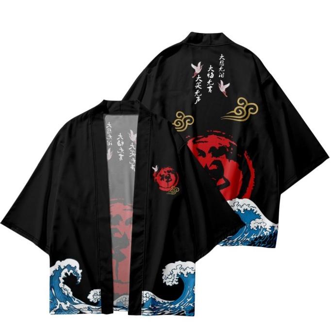 KIMONO BUDDHISM BLACK OUTER JAPANESE/HAORI HAPPI CARDIGAN WANITA PRIA