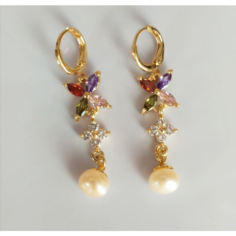 (248) Anting Bulat Panjang Zircon Warna Warni Mutiara Air Tawar Mutiara Lombok