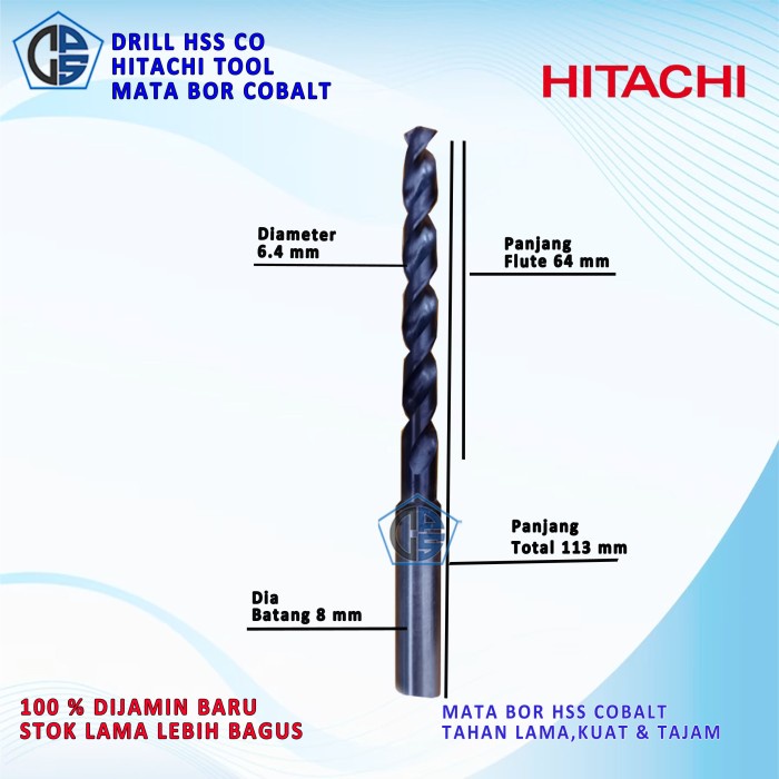 Mata Bor Diameter 6.4 Panjang 113 Hitachi HSS Co Mata Bor Drill