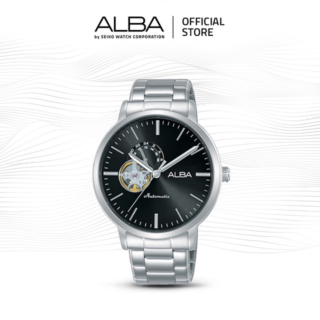 Alba Mechanical Jam Tangan Pria Open Heart A9A001 / A9A001X1 Automatic Black Dial Stainless Steel St