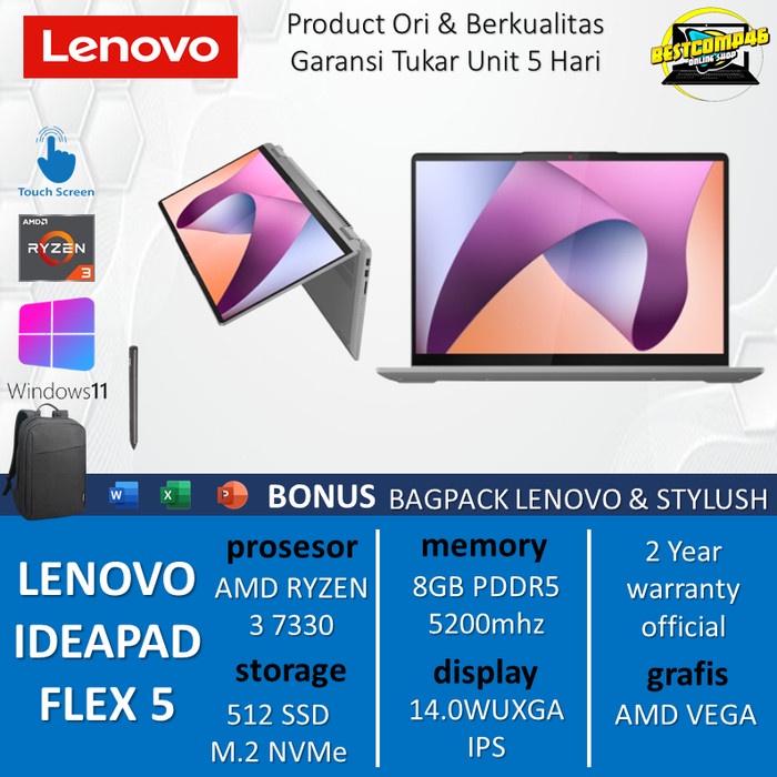 Lenovo Ideapad Flex 5 Touch Ryzen 3 7330 8Gb 512Gb W11 Ohs 14.0 Wuxga