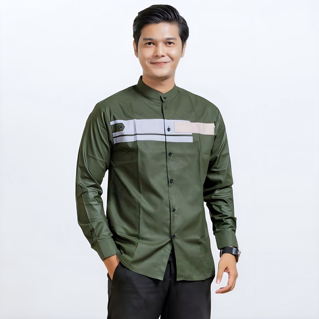 K6A LOOBER - BAJU KOKO PRIA HADROH KOMBINASI MOTIF YON LENGAN PANJANG WARNA HIJAU ARMY CVK