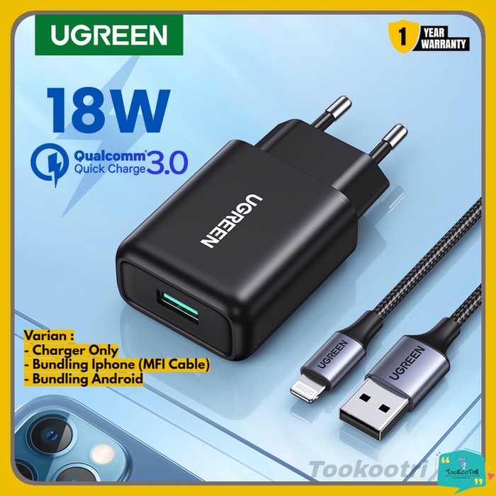 UGREEN Kepala Charger 18W Iphone Android Fast Charging QC 3.0 USB