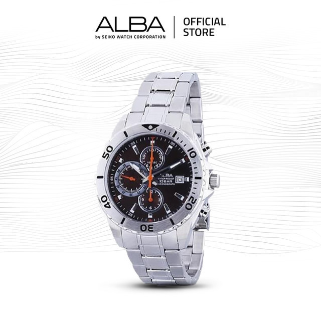 Alba Active Jam Tangan Pria Chronograph AF8M95 / AF8M95X1 Quartz Black Dial Stainless Steel Strap Wa