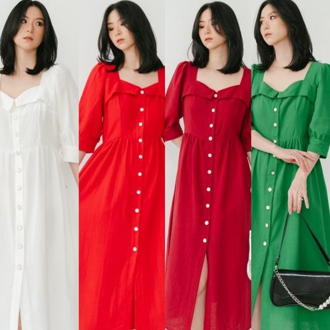 Best Sales Dress Midi Wanita Natal Imlek Merah Hijau Putih Busui Friendly Original