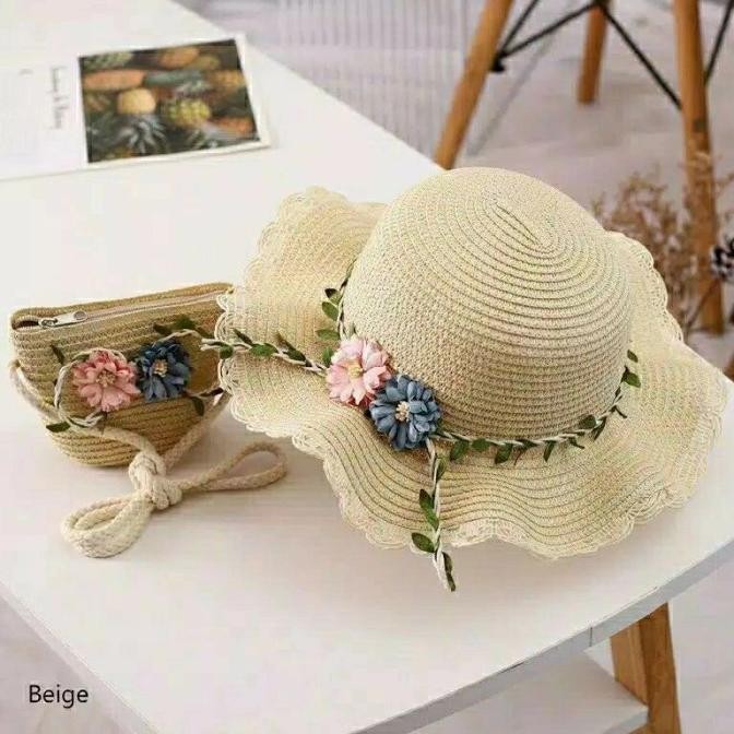 READY STOCK TOPI PANTAI ANAK + TAS 1 SET MOTIF BUNGA JERAMI RAJUT KOREA IMPORT 
