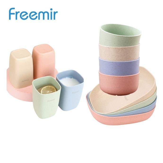 freemir Bundle Set Alat Makan Piring Mangkok Gelas Wheat Straw Lengkap