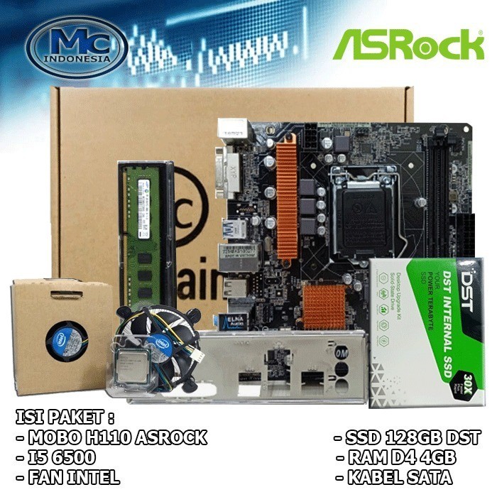 Mobo H110 Mainboard Soket LGA 1151 + Processor i5 6500 + fan intel