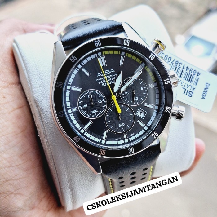 ✅New Ori Jam Tangan Pria Alba At3J33X1 At3J33 Chronograph Black Leather Origina Terbaru