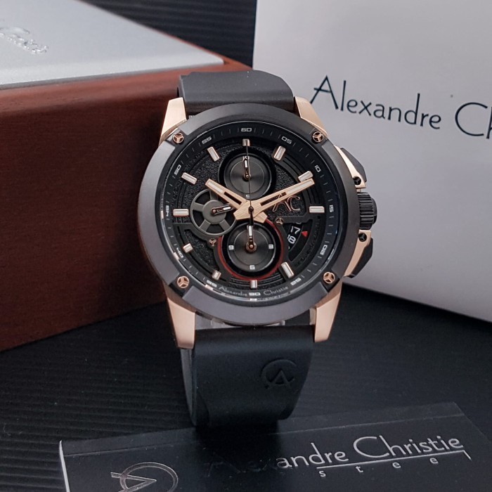 ✅New Ori Jam Tangan Pria Alexandre Christie 9602 - Rubber Black Rosegold Terbaru