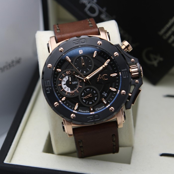 ✅New Ori Jam Tangan Alexandre Christie Ac 9205 Rosegold.Kulit Brown Terbaru