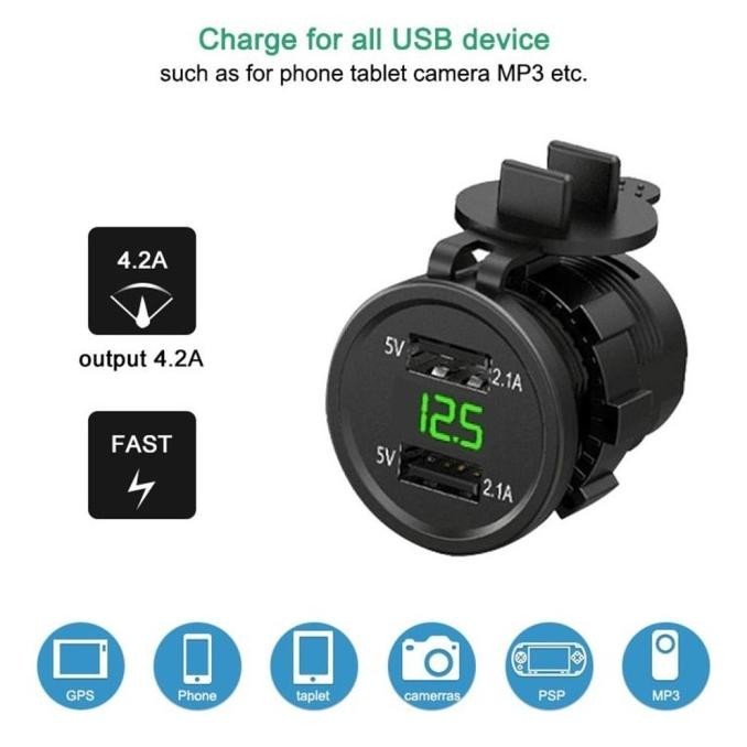 USB Charger Motor Mobil Power Outlet Cas Hp Soket 2 Port 4.2A LED