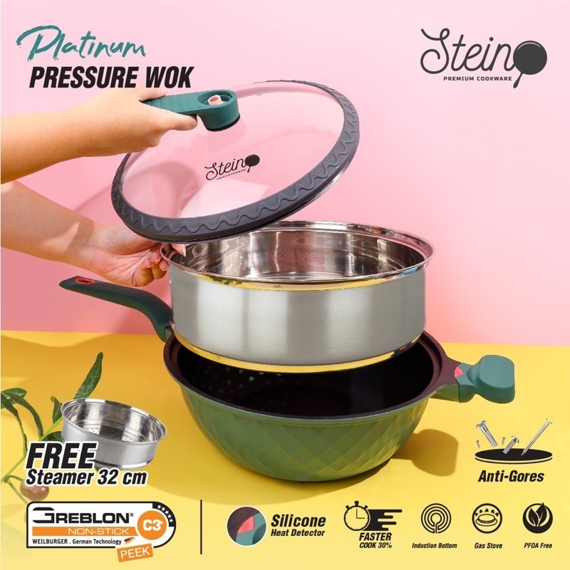 Stein Wok Pan Platinum Pressure Cooker Marble Coating Anti-Baret (2 Pemakaian)