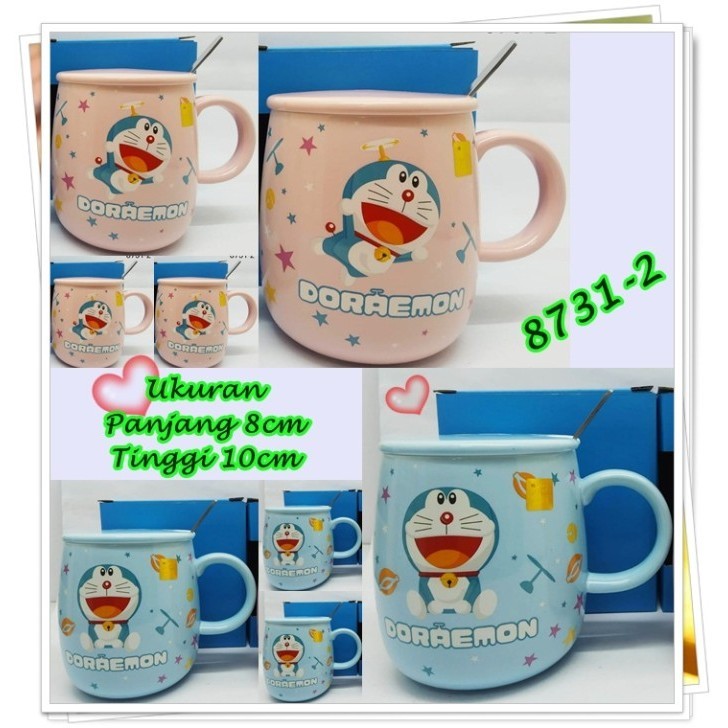 MUG GELAS KERAMIK MOTIF DORAEMON ADA TUTUP DAN SENDOK