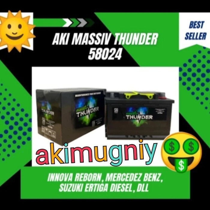 [New] Aki Mobil Ertiga Diesel 58024 12V 80Ah Massiv Thunder Aki Kering Diskon