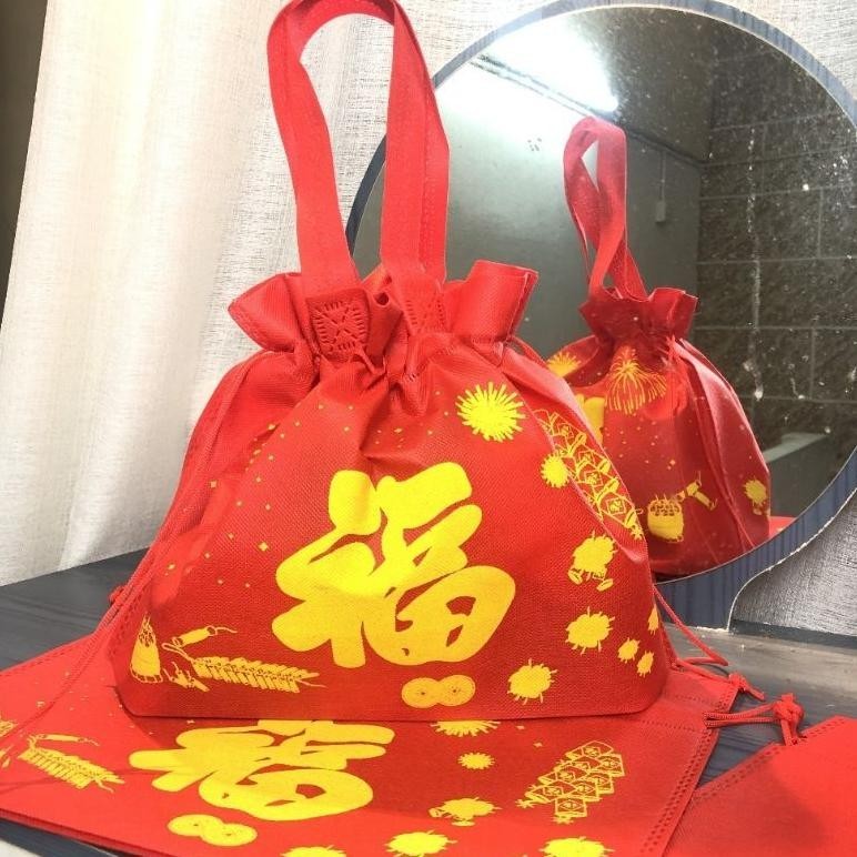 TRY Tas serut kain imlek hampers tas kue keranjang CNY TERLARIS