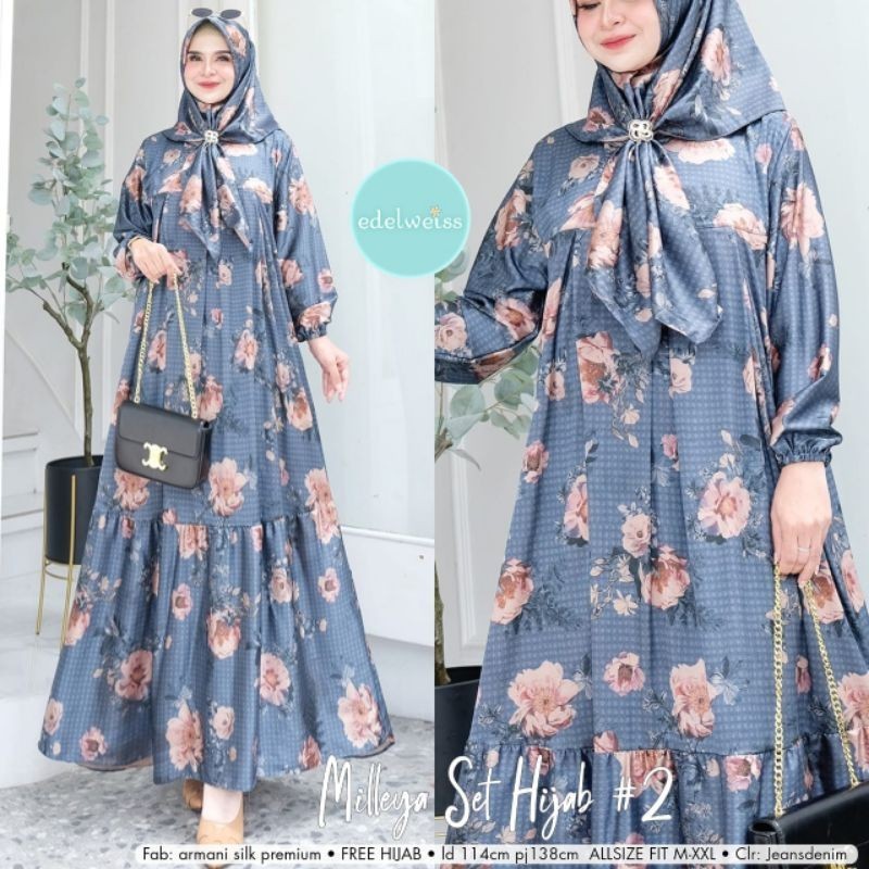 Milleya Set Hijab #2 By Edelweiss - Setelan Gamis Silk Premium Fit XXL Ld114 Motif Bunga Free Hijab 