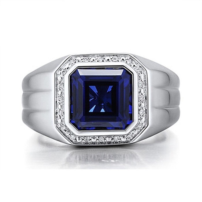 Cincin - Cincin Pria Perak Royal Blue Safir Cubic Zirconia Elegan Minimalis