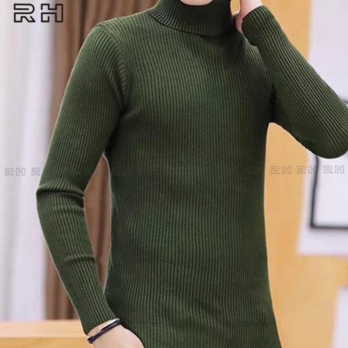 Rh - Sweater Baju Rajut Pria Turtlene Salur Pria Kerah Tinggi Sweater Kerah Lipat