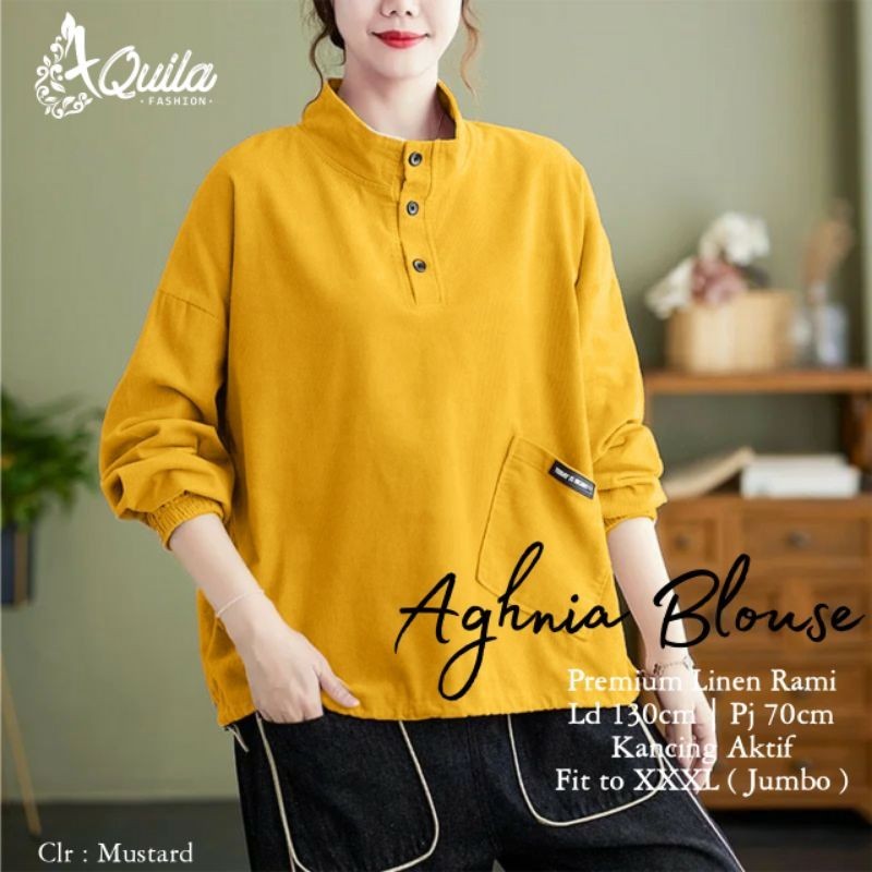 Aghnia Blouse Polos Atasan Wanita Basic Simpel Modis Premium Linen Rami Jumbo by Aquila