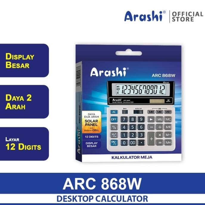

Terlaris Calculator / Arashi Kalkulator ARC 868W / 12 Digital / Solar Panel