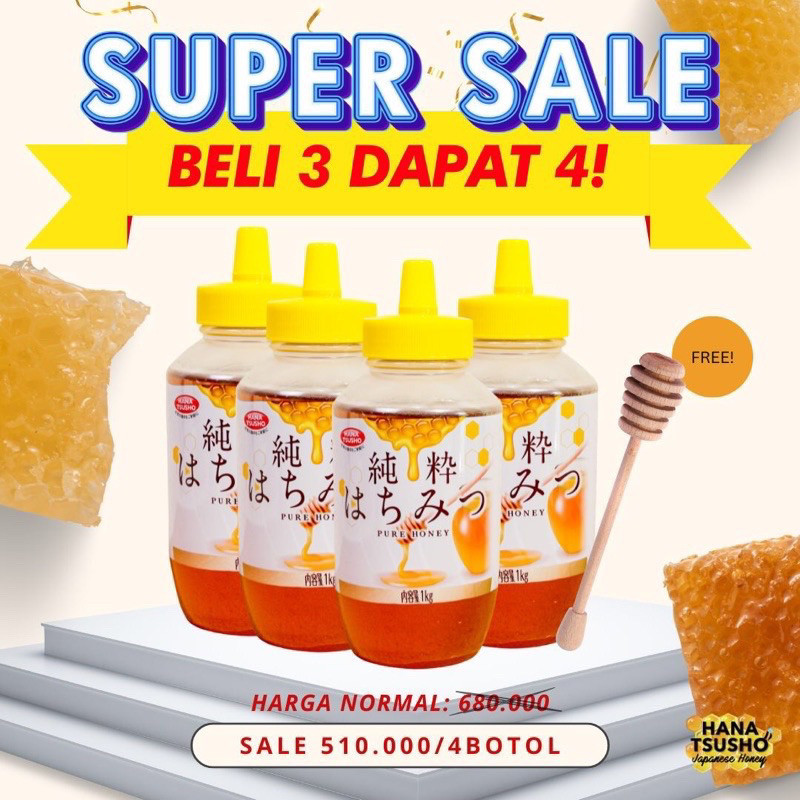 

Paket Hemat Beli 3 GRATIS 1 Madu Murni Jepang HanaTsusho 1 KG (CHEOUT 4 BOTOL UNTUK BUY 3 FREE 1)