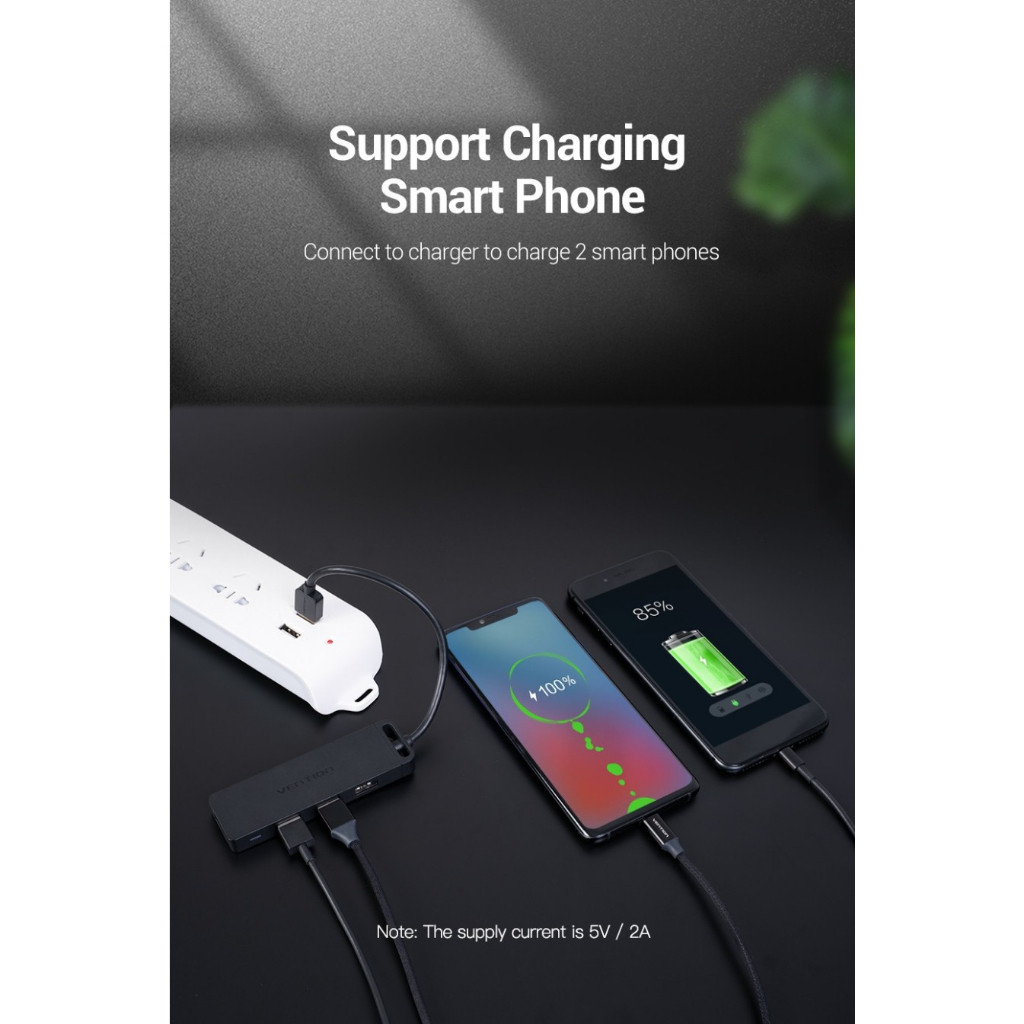 usb hub 4 Port VENTION CHMBB USB 2.0 Hub With Power Supply 0.15M Bla