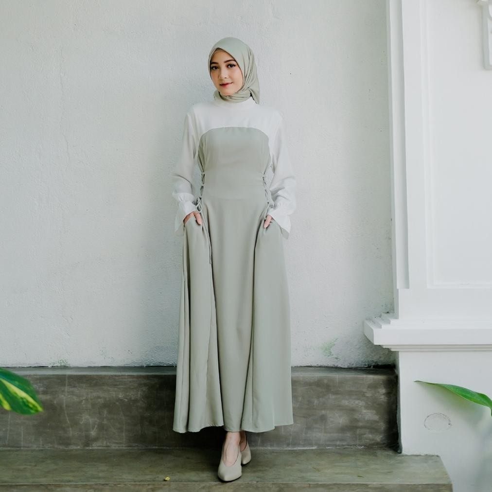 Gamis Wanita Terbaru 2024 Lace Mirabelle Baju Polos Warna Sage Putih Dress Lebaran Busana Muslim Wanita Dewasa